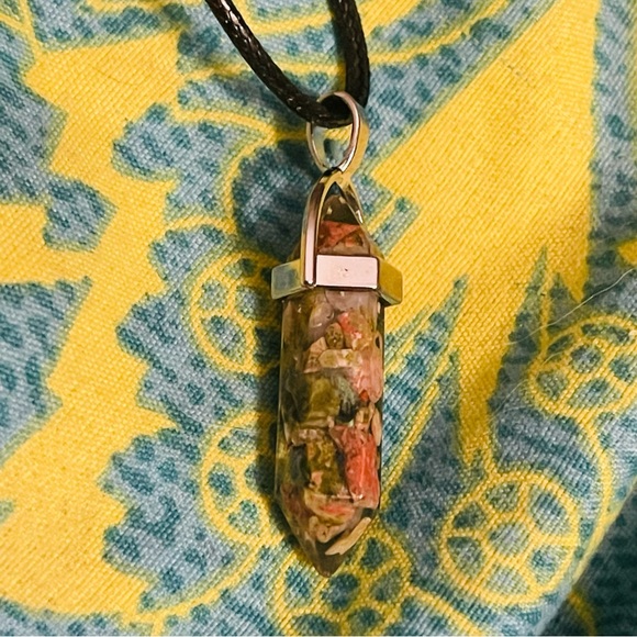 New Vegan Leather Sterling Silver Unakite Jasper Natural Stone Artisan Necklace - Picture 6 of 12